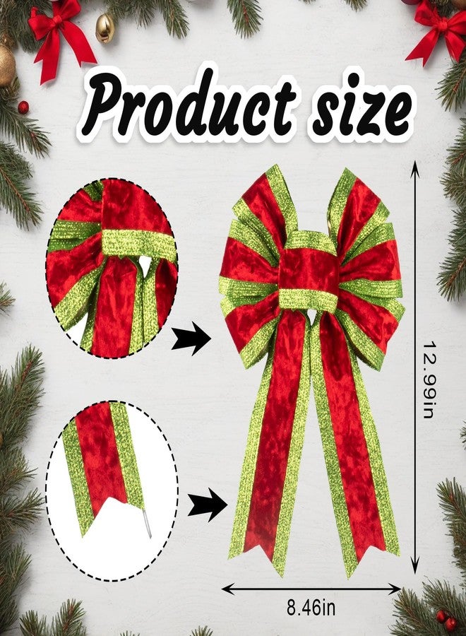 Blinket 2 PCS Christmas Bow for Wreath, Red Velvet & Glitter Green Stripe Decor Bow for Wreath, Wired Craft Bows for New Year Party Christmas Tree Topper Decor Home Indoor Outdoor Ornament Supplies - Image 2
